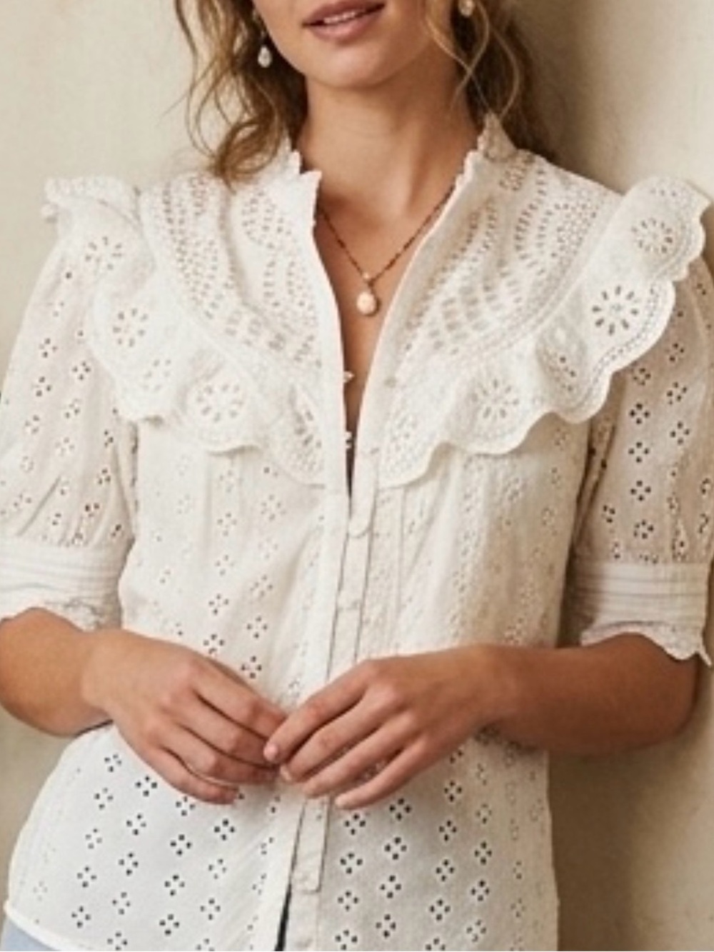 100% Cotton Romantic Boho Peasant Top White Eyelet Ruffle Button Blouse M